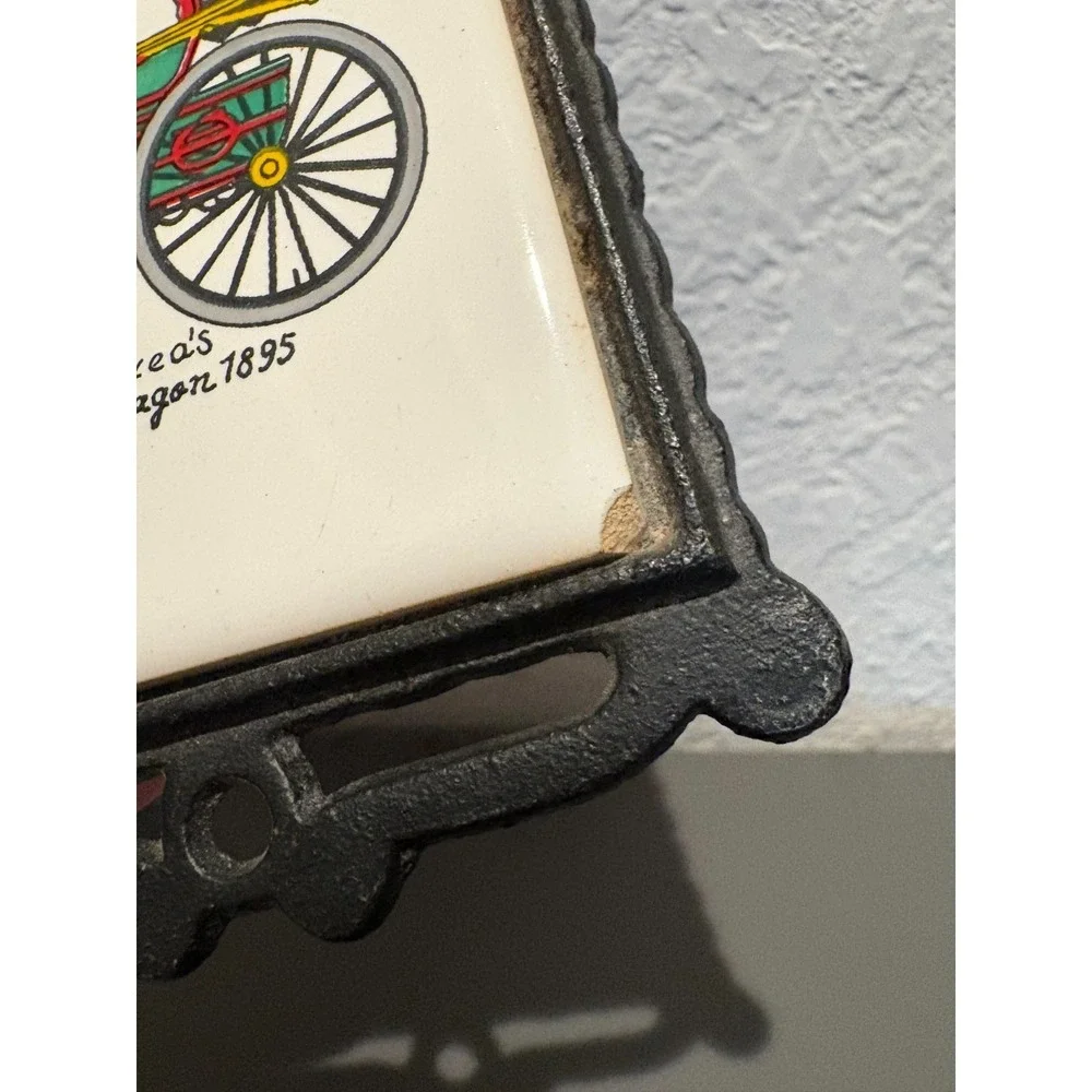 Used Vintage Cast Iron & Ceramic Tile Trivets, Set of 2